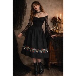 Vintage Ernst Licht Black Midi Skirt Embroidered Floral Folk Cottagecore